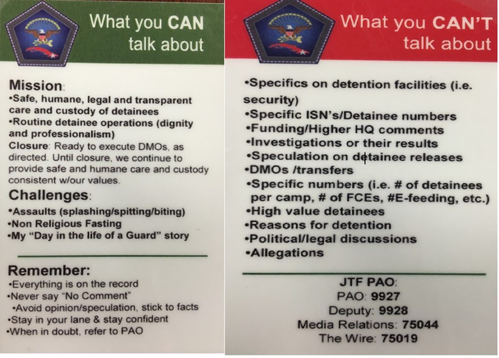 The front and back of a wallet-size talking points card designed for members of JTF 160 who have frequent contact with the press; July 10, 2016 (photo by Don E. Walicek approved for release by JTF 160)